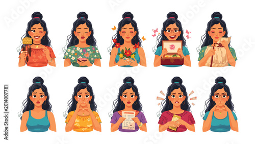 Photos Expressive Portraits of a Woman: A vibrant collection of portrait depicting woman, capturing diverse emotional states, from contentment and delight to surprise and contemplation