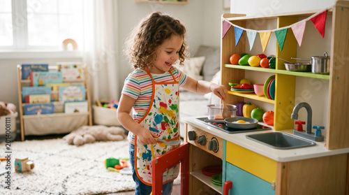 Child playing pretend cooking with toy kitchen set