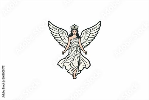 Elegant angel woman illustration with large wings and crown, fantasy female character vector isolated on clean background for logo, tattoo, spiritual and myth design. Vector illustration.