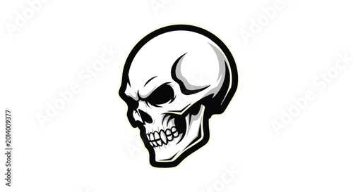 Gothic skull profile illustration with esport logo style, side view of skull in black and white