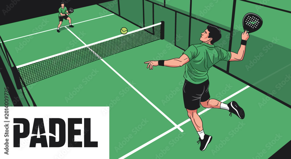 Fototapeta premium Dynamic Padel Match Illustration: Action-Packed Scene With Players And A Tennis Ball Display