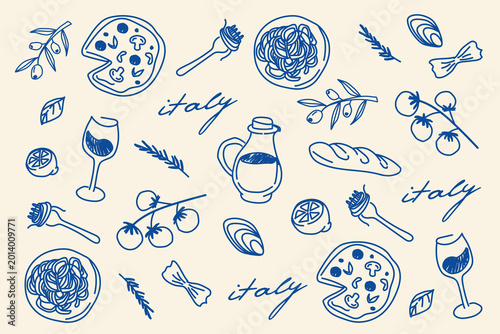 Canvastavla Set of hand-drawn elements of Italian cuisine: pizza, pasta plates, wine glasses, olives, tomatoes, bread, lemon, shells, jar of olive oil and rosemary sprigs