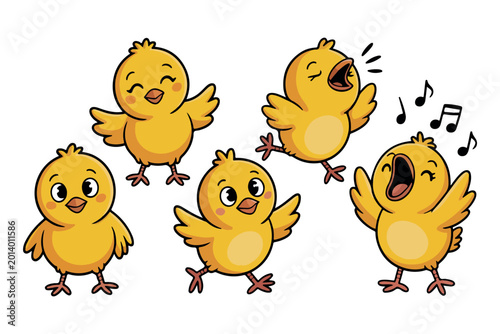 Cute yellow baby chicks in various happy poses. Set of hand drawn cartoon chicks singing and dancing. Cheerful baby chickens characters set for nursery design. 