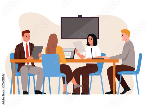 Vector illustration of a business team meeting in the office. Cartoon scene of men and women discussing, sitting at table with laptops, tablet, TV isolated on white background. Business cooperation.