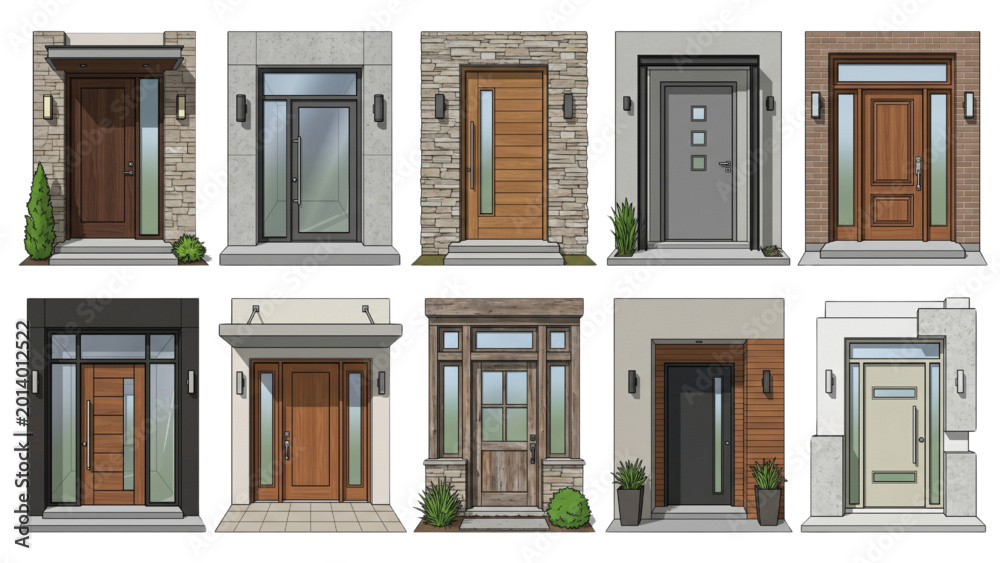 Obraz premium Architecture CAD 3D Vector Set of Modern Home Entrance Doorway Design, Rare Elevation Views on White Background
