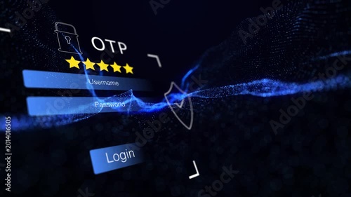 user accessing secure login system with OTP verification and two factor authentication on abstract wave technology background for online cybersecurity protection.