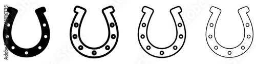 Set of horseshoe icons in silhouette and line styles with different line weights. Traditional symbols of luck, success, and protection. Vector illustration.