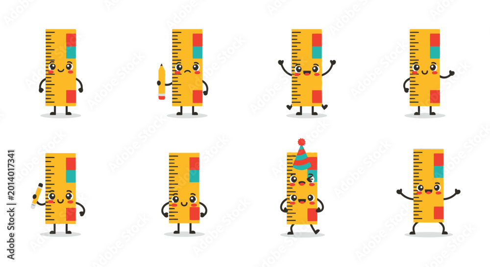 Fototapeta premium Cute Ruler Characters Set: School Supplies, Education, Fun and Playful