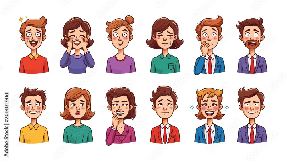 Fototapeta premium Emotional Spectrum: A collection of diverse individuals, each portrayed with unique expressions, encapsulating a wide range of human emotions.