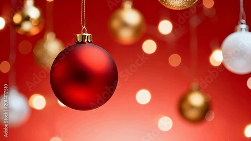 Hanging Christmas ornaments on red background