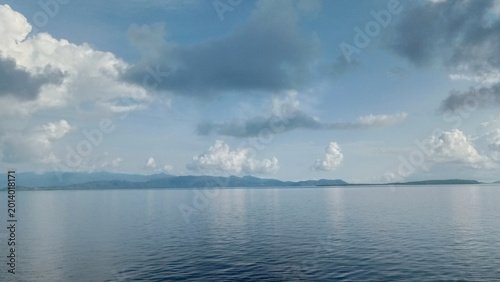 A peaceful ocean horizon features calm blue water under a sky filled with soft white clouds
