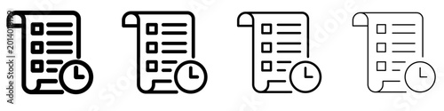 A set of to-do list or schedule line icons with a clock featured in four different stroke weights. Vector illustration for time management, planning, and task history themes.