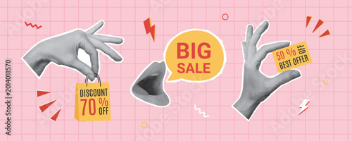 Cut out hands, lips and decorative elements set for shopping design. Template for flyer, banner, poster, social media
