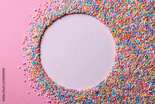 Pink field scattered with rainbow sprinkles creating a circle, flatlay composition