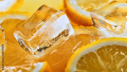 Closeup view of natural lemon juice served with ice cubes and fresh lemon slices in a refreshing setting