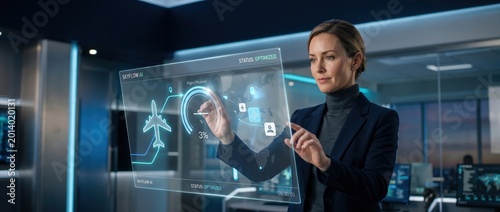 Woman interacts with futuristic holographic interface displaying flight data and analytics in a modern control room