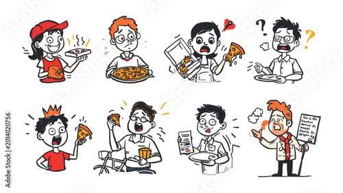 Bild auf Leinwand Pizza Party Reactions: A set of delightful cartoon illustrations captures a spectrum of reactions to a delicious pizza, from eager anticipation to the shock of mishaps