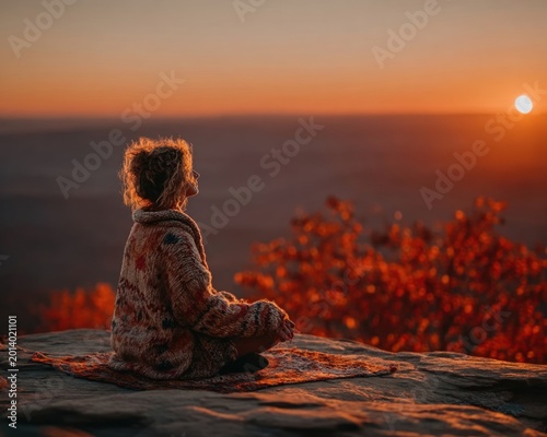 Woman sitting in lotus position under warm light on scenic landscape horizon