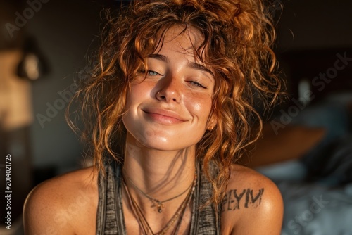 Woman smiling while engaging in yoga flow at home to promote inner health