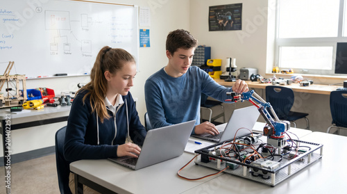 Students programming robotics project in modern STEM classroom
