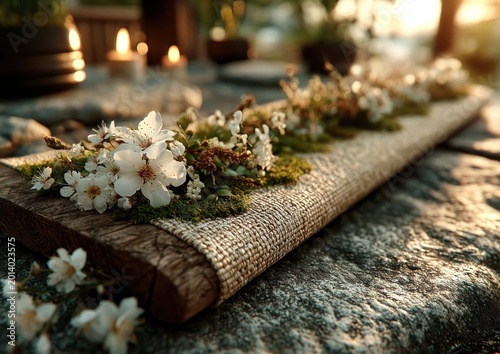Woven yoga mat adorned with natural garlands in early morning light