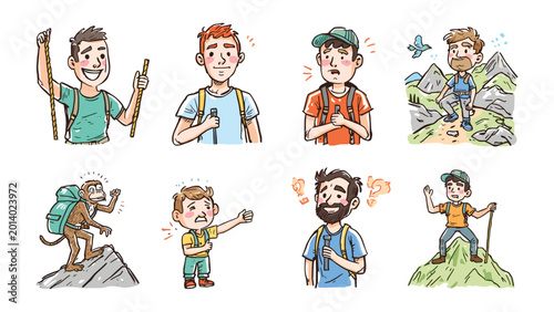 Foto Adventurer’s Chronicles: A whimsical illustrated narrative, chronicling a spectrum of experiences, from exhilaration to exhaustion, along a mountain trek
