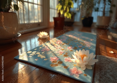Woven yoga mat decorated with flowers, illuminated by soft morning light for peaceful yoga symbolism