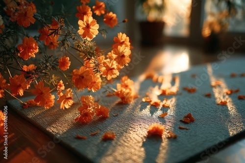 Woven yoga mat with marigold flowers illuminated by morning light for International Yoga Day