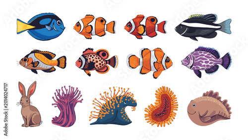 Photos Underwater World Collection: A vibrant collection of marine life, featuring a playful variety of colorful fish and other marine creatures, presented in a diverse aquatic ecosystem