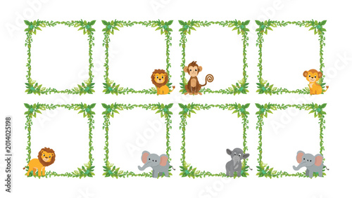 Photography Jungle Frames for Kids: Adorable illustrations of jungle animals in frames, perfect for invitations, greeting cards, or educational materials, all set on a vibrant, playful background