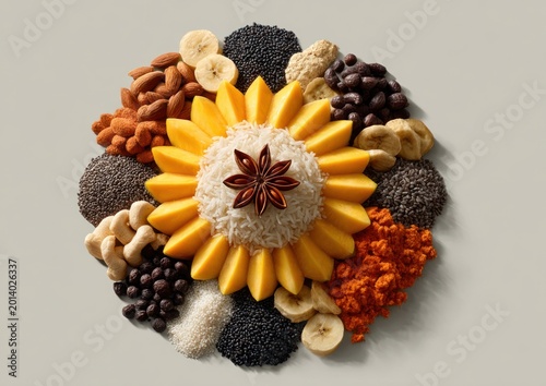Yoga day visual with symbolic food items in the center, expressing unity