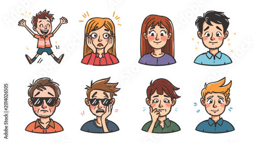 Obraz na plátne Emotions Unveiled: A diverse collection of illustrated faces capturing a spectrum of human feelings, from joy and surprise to sadness and worry, expressing the complexities of human emotion