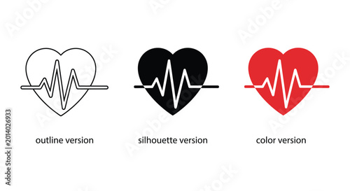 Heartbeat Heart Icon Collection In Outline Silhouette And Color Style On White Background