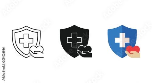 Medical Insurance Shield And Hand Icon Set In Multiple Styles On White Background