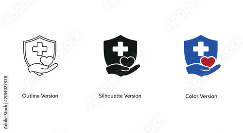 Healthcare Protection Shield Icon Set In Outline Silhouette And Color Style On White Background