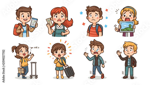 Foto Travel Troubles: A collection of various travelers display an array of feelings from delight to nervousness and fear, each one navigating a unique journey, showcasing a spectrum of human emotion
