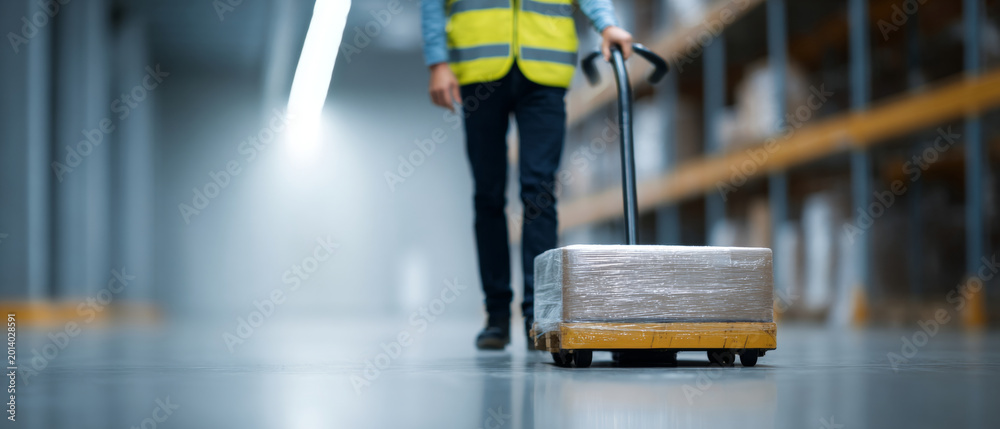 Obraz premium Warehouse worker transporting wrapped package