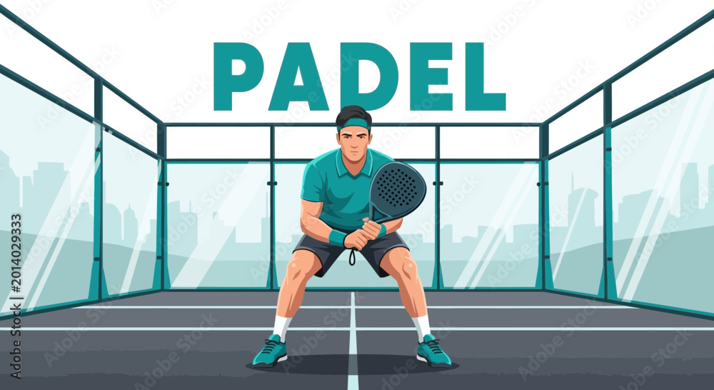 Fototapeta premium Dynamic Padel Player Illustration, Ready to Strike the Ball in Enclosed Court