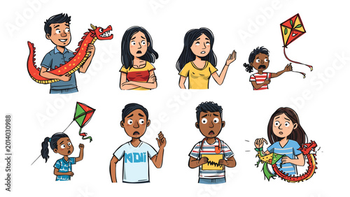 Foto Kites and Dragon: A scene of children engaging in outdoor activities such as flying kites and playing with a dragon toy, their expressions of amusement and bewilderment captured
