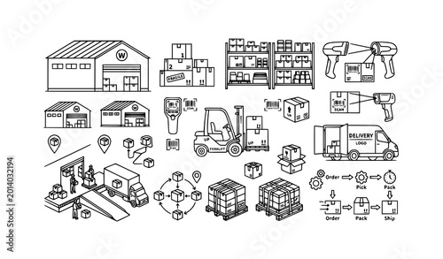 Creative warehouse icon element set with inventory and logistics vector design