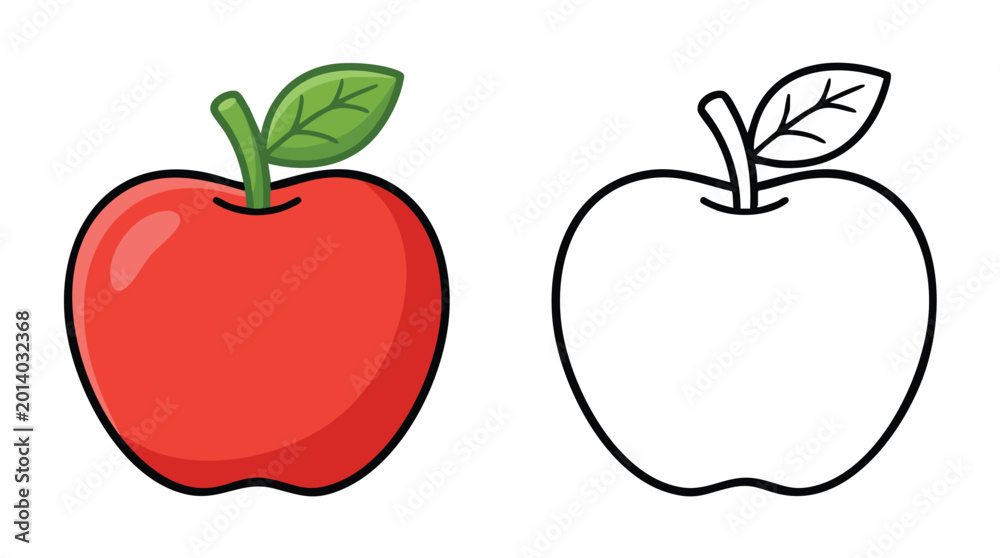 Fototapeta premium Vibrant Red Apple and Outline Drawing Illustration.