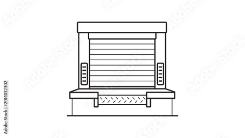Industrial loading dock vector icon featuring a warehouse bay door with a roller shutter and ramp, perfect for logistics and shipping illustrations with an editable stroke for easy customization.