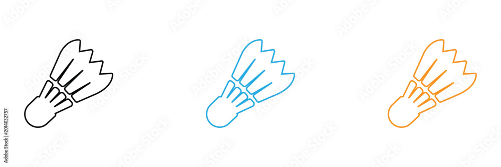 Obraz premium Badminton Shuttlecock Icon Set Black Outline, Blue, and Orange Vector Illustrations of Sports Birdie for Tournament Graphics, Athletic Equipment Design, and Active Lifestyle Web Symbols