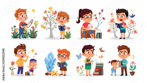 Fotografija Reading Adventures: A vibrant illustration depicts a series of engaging scenes f