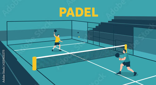 Dynamic Padel Tennis Players Engage in Competitive Match within a Vibrant Court Setting