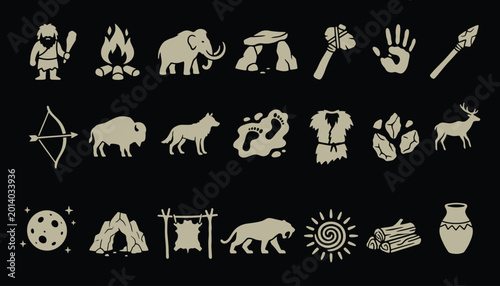 Fotografie Prehistoric stone age vector icons featuring primitive tools and ancient animals