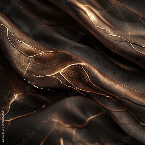 Beautiful Distressed Dark Brown Antique Leather in Abstract Elegant Flowing Fluid Wave Patterns with Rose Gold Highlights