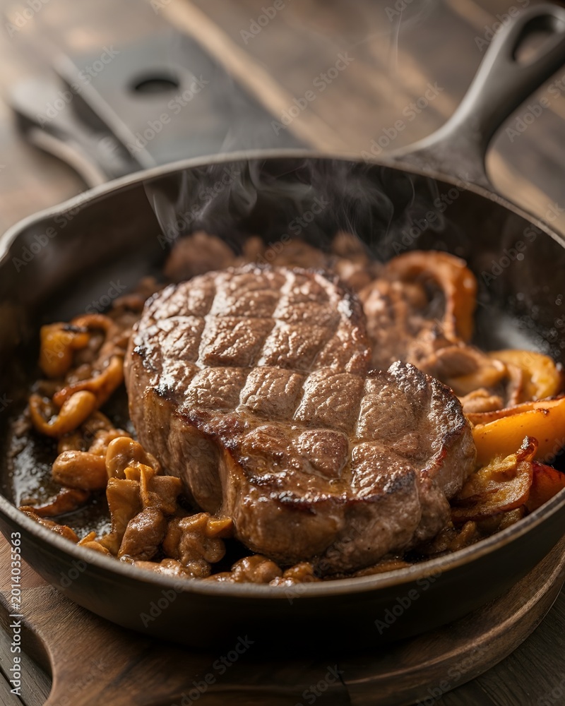 Fototapeta premium Rich beef curry simmering inside a traditional cast iron skillet on a rustic wooden table