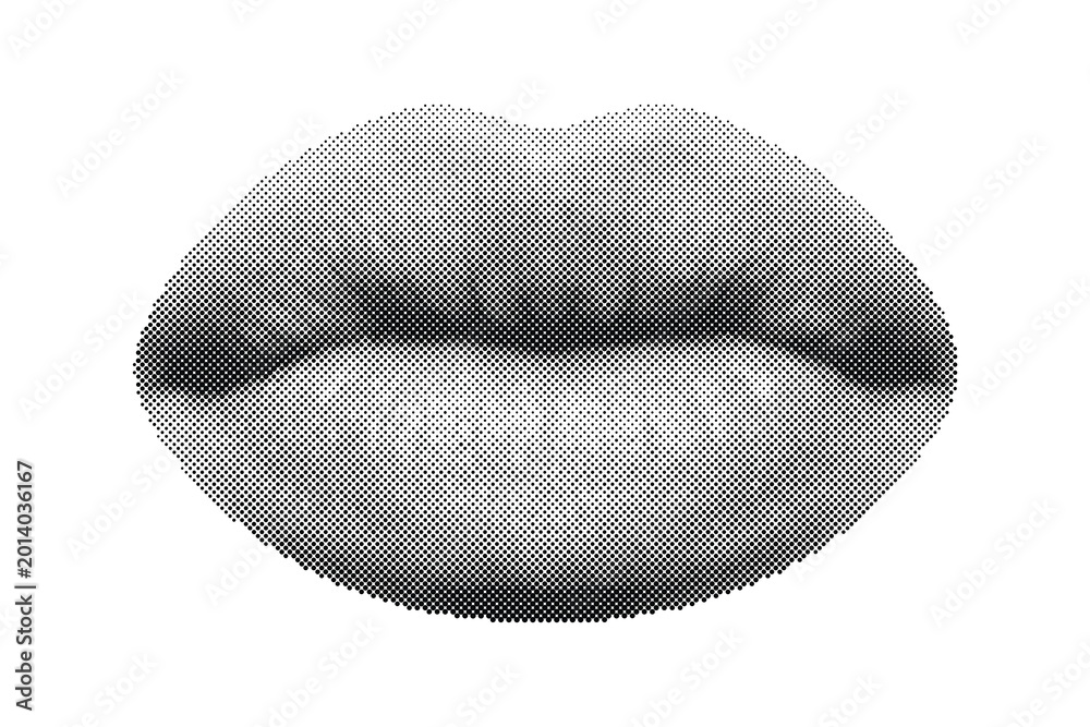 Naklejka premium Retro halftone vector illustration of closed human lips with detailed texture isolated on white background