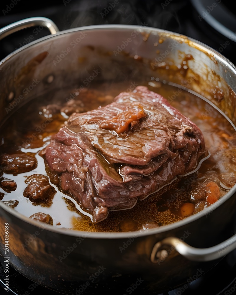 Fototapeta premium Tender braised beef inside a rustic cooking pot on a stovetop with savory sauce